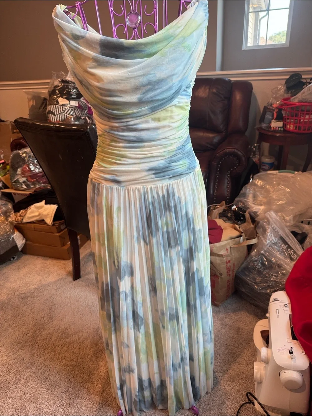 Abercrombie & Fitch The Giselle Drop-Waist Mesh Maxi Dress Blue,Green Size Small